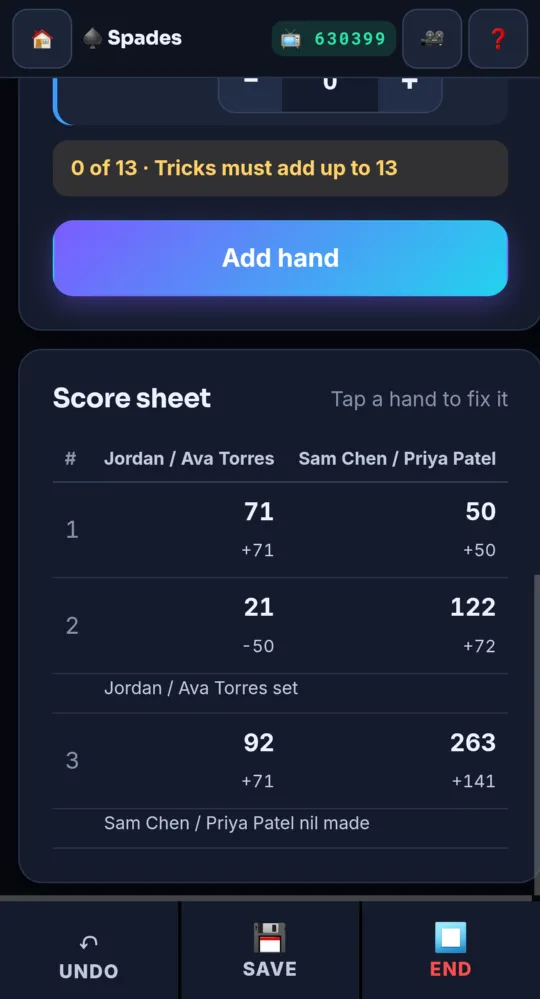 The score sheet with running totals (on a phone)