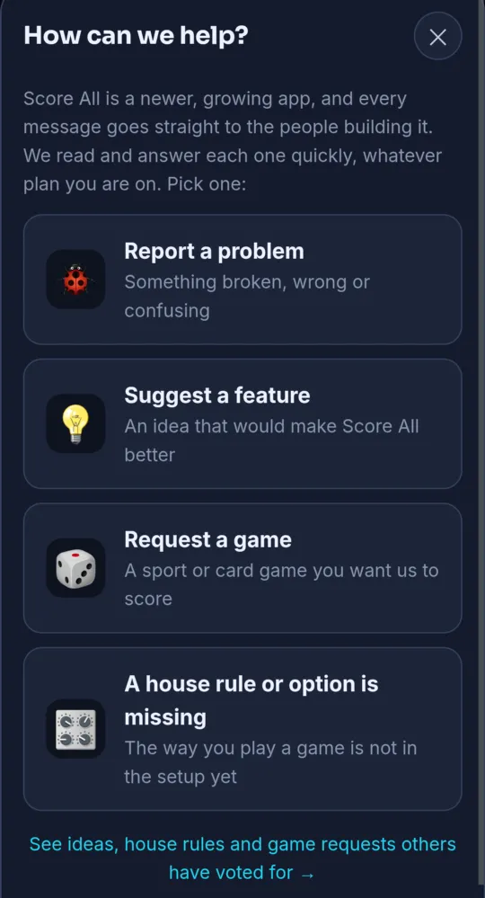 The Feedback panel with its four choices (on a phone)