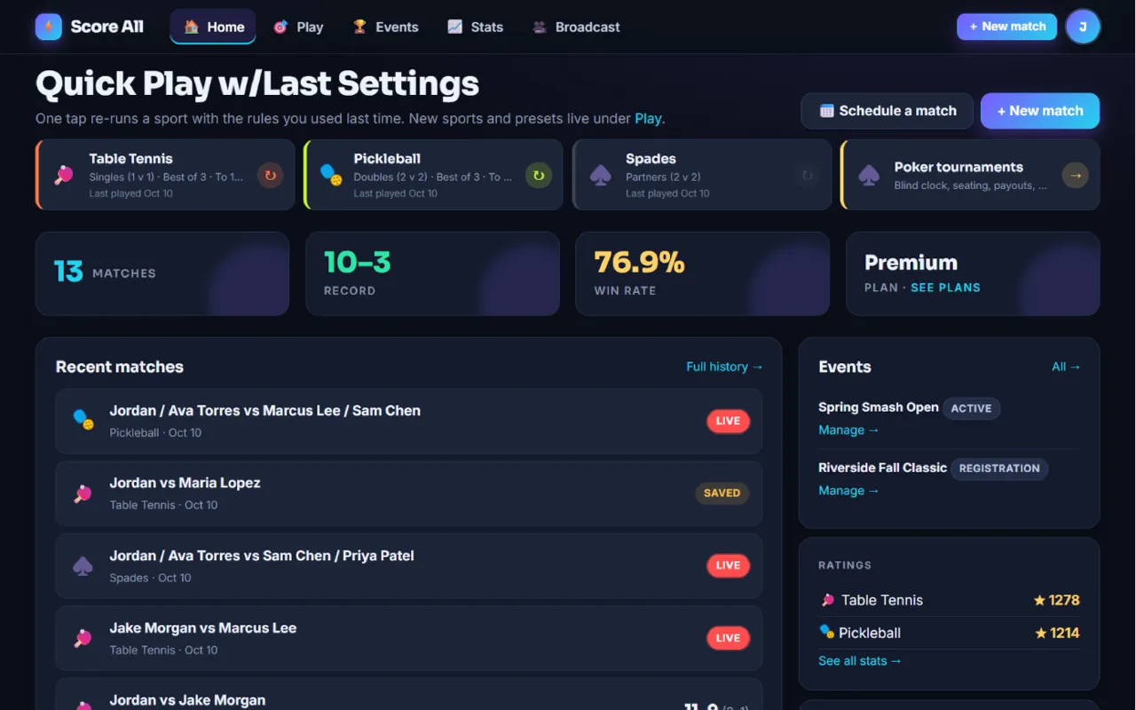 The dashboard with Quick Play, stats and recent matches