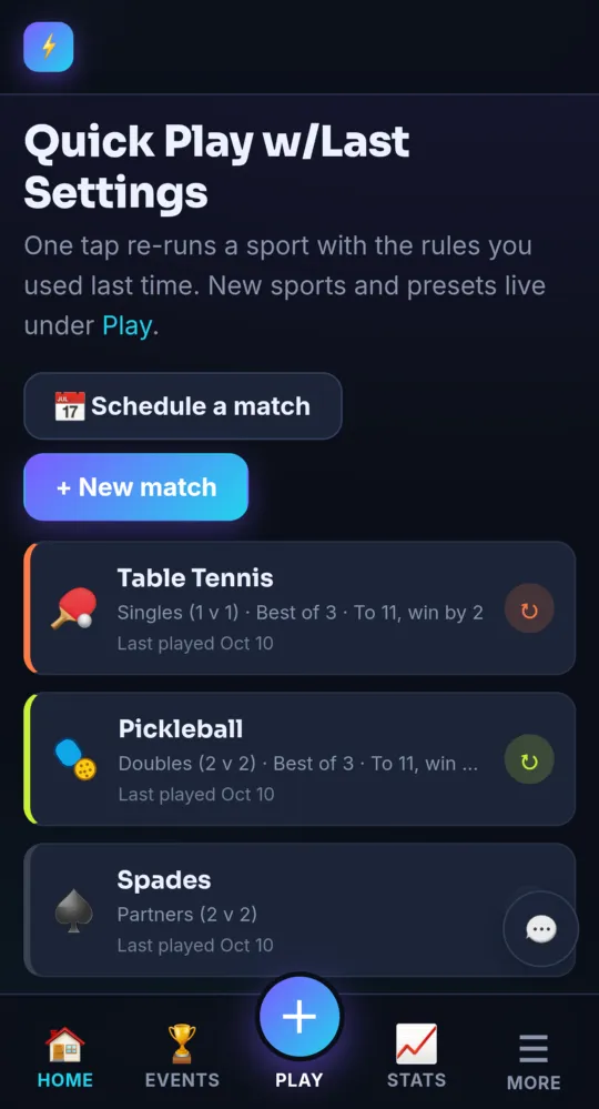 The dashboard with Quick Play, stats and recent matches (on a phone)