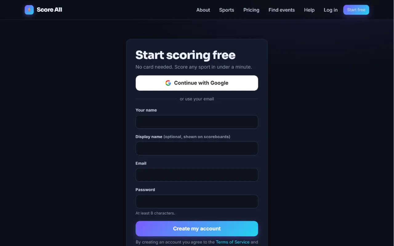 The Start scoring free sign-up page