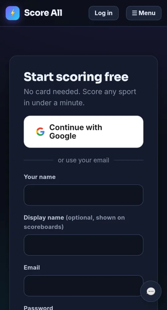 The Start scoring free sign-up page (on a phone)