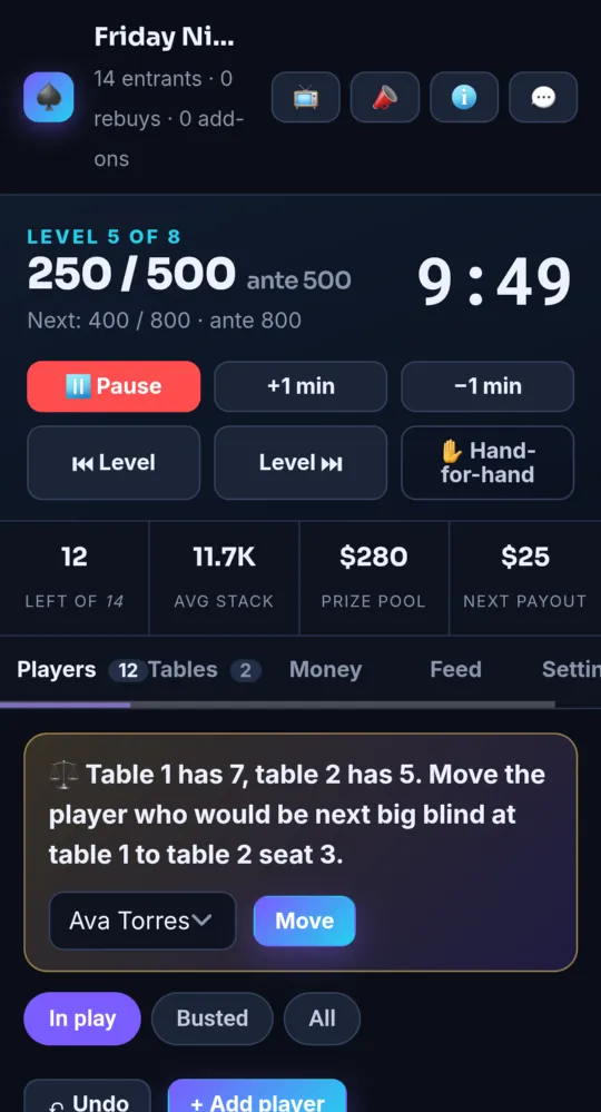 The poker director console (on a phone)