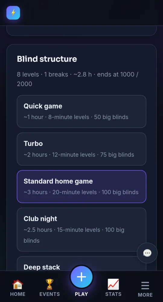 New poker tournament: basics and blind structure (on a phone)