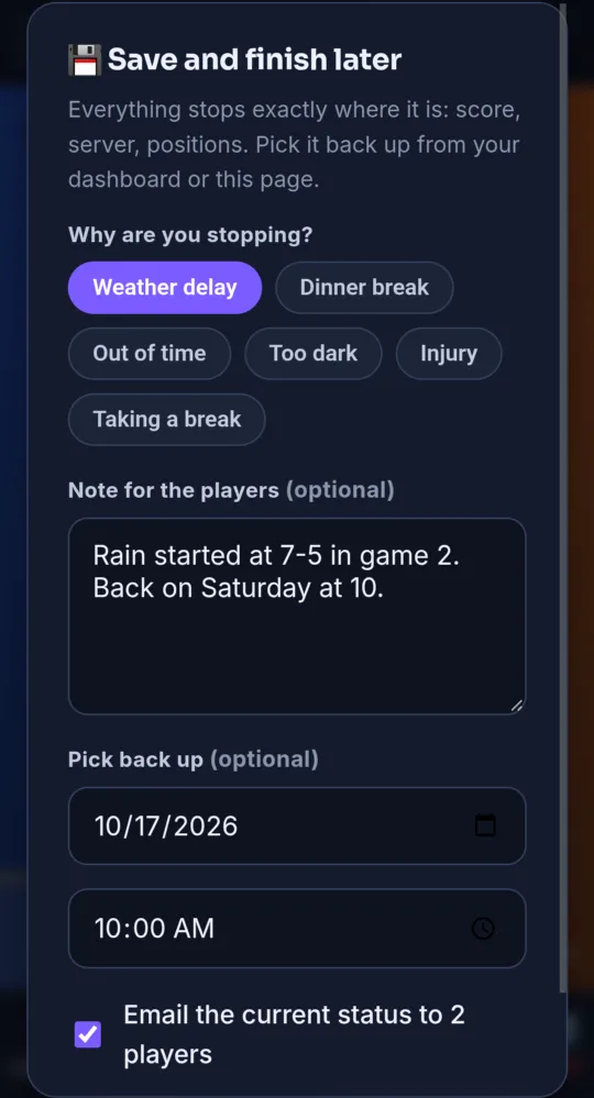 The Save and finish later window (on a phone)