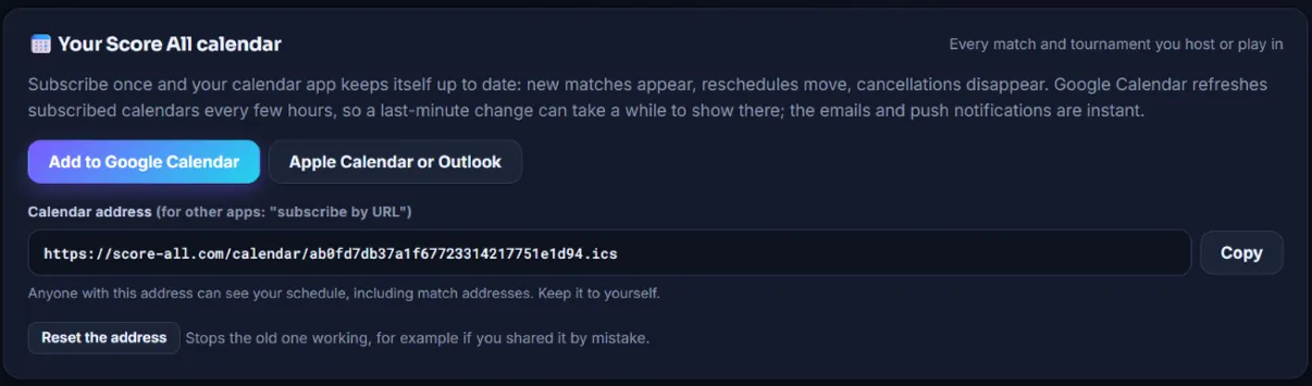 Your Score All calendar in Settings