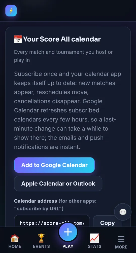 Your Score All calendar in Settings (on a phone)