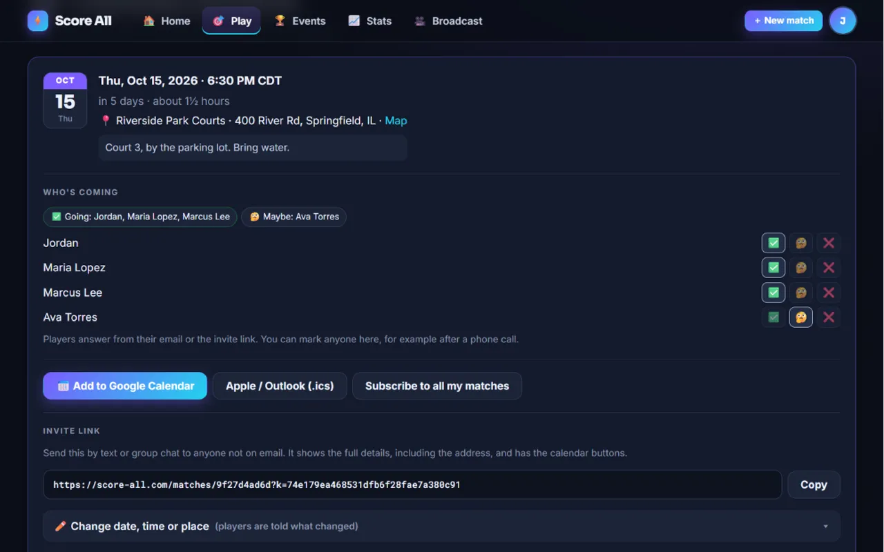 A scheduled match with Whoβs coming, calendar buttons and the invite link