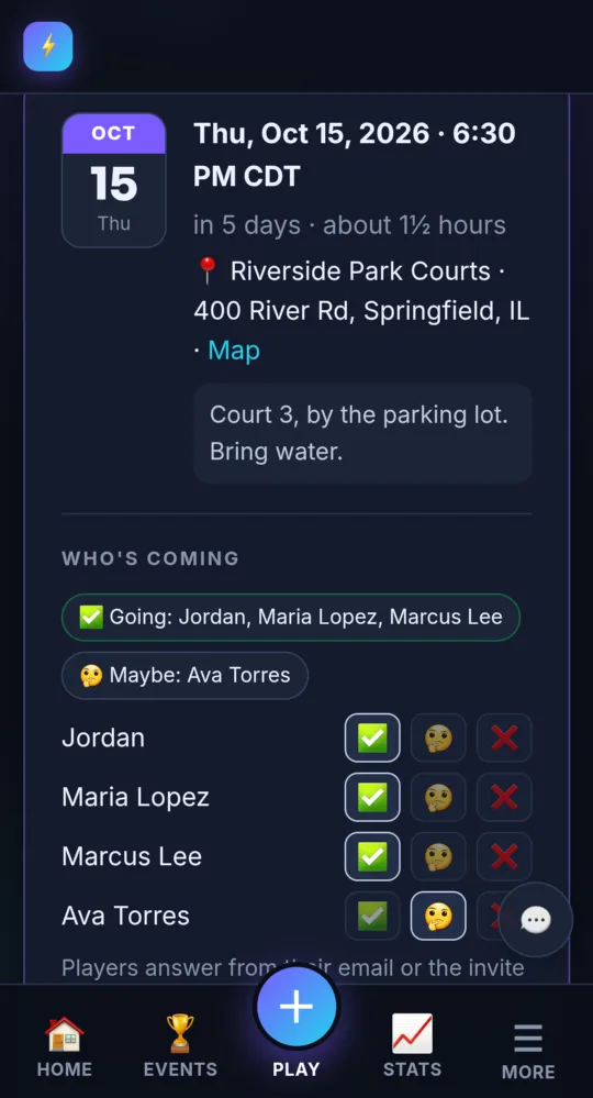A scheduled match with Whoβs coming, calendar buttons and the invite link (on a phone)