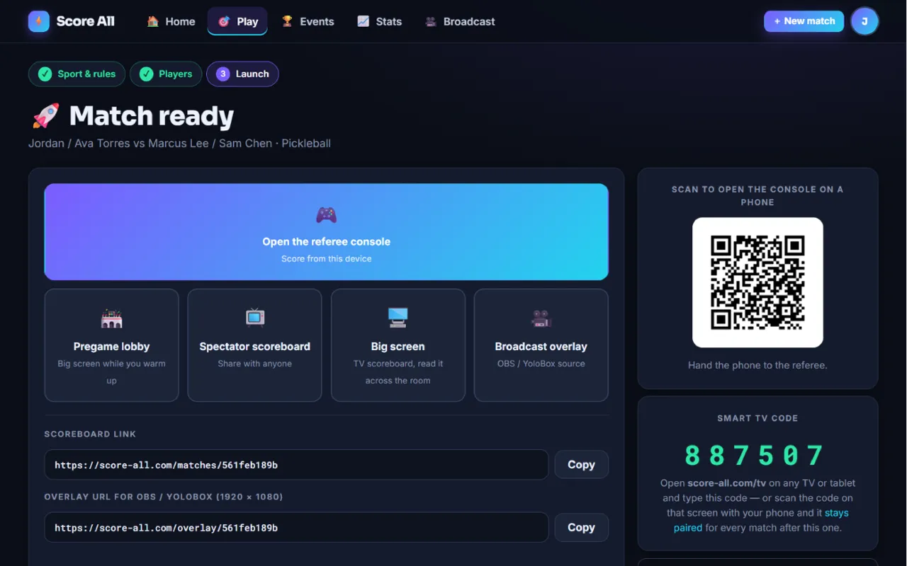 The Match ready page with its tiles, links and TV code