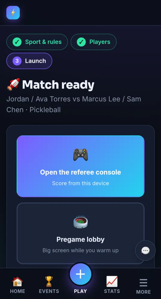 The Match ready page with its tiles, links and TV code (on a phone)