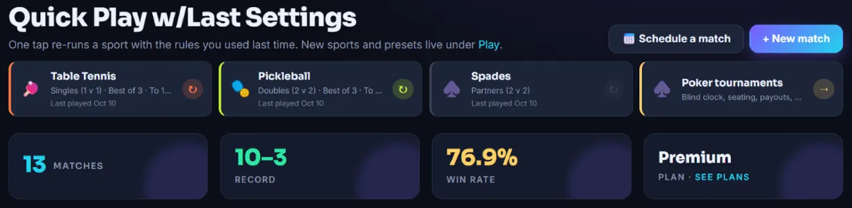 Quick Play w/Last Settings on the dashboard