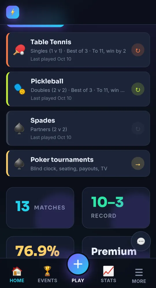 Quick Play w/Last Settings on the dashboard (on a phone)