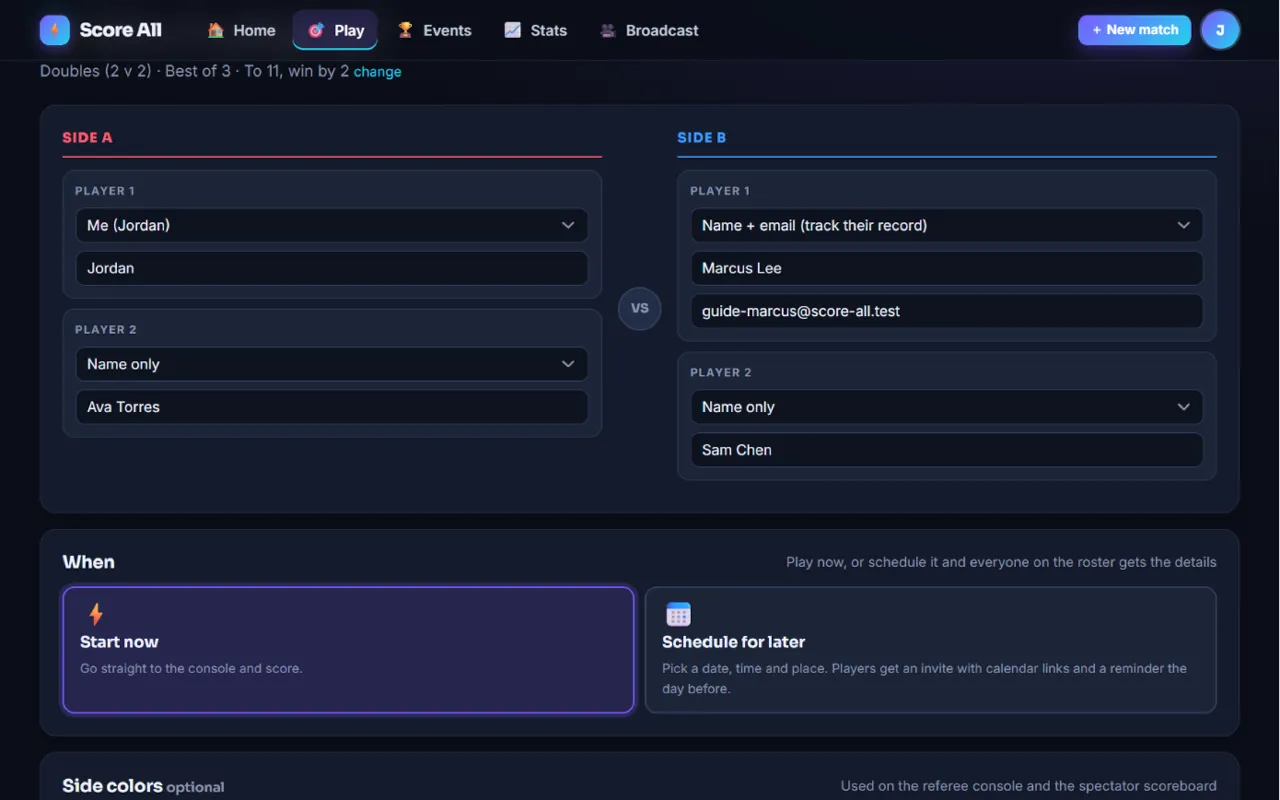 The Who is playing? step with player types and side colors