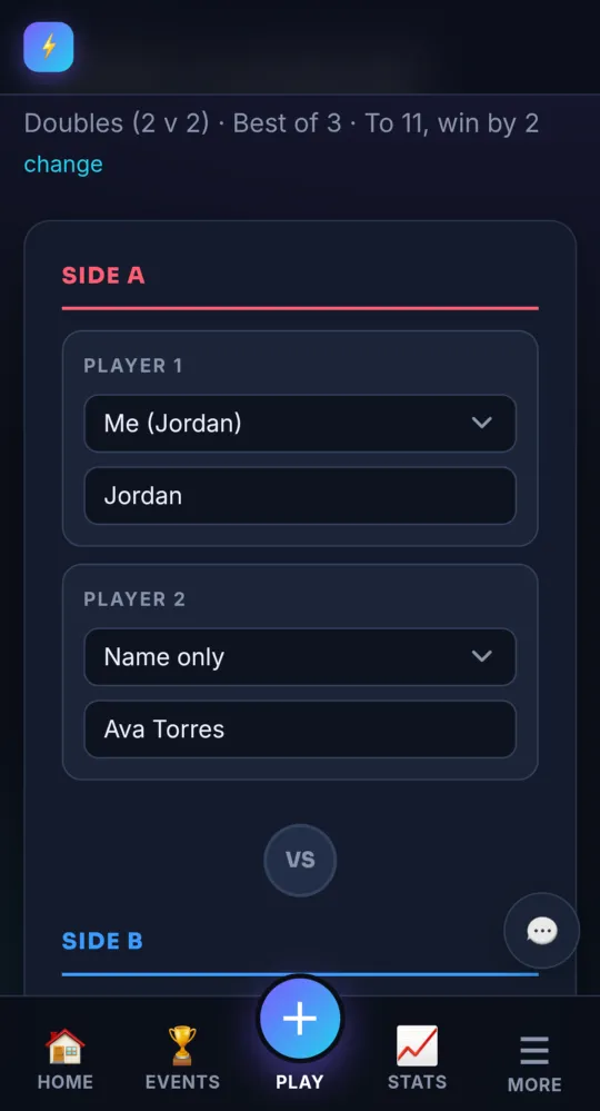The Who is playing? step with player types and side colors (on a phone)