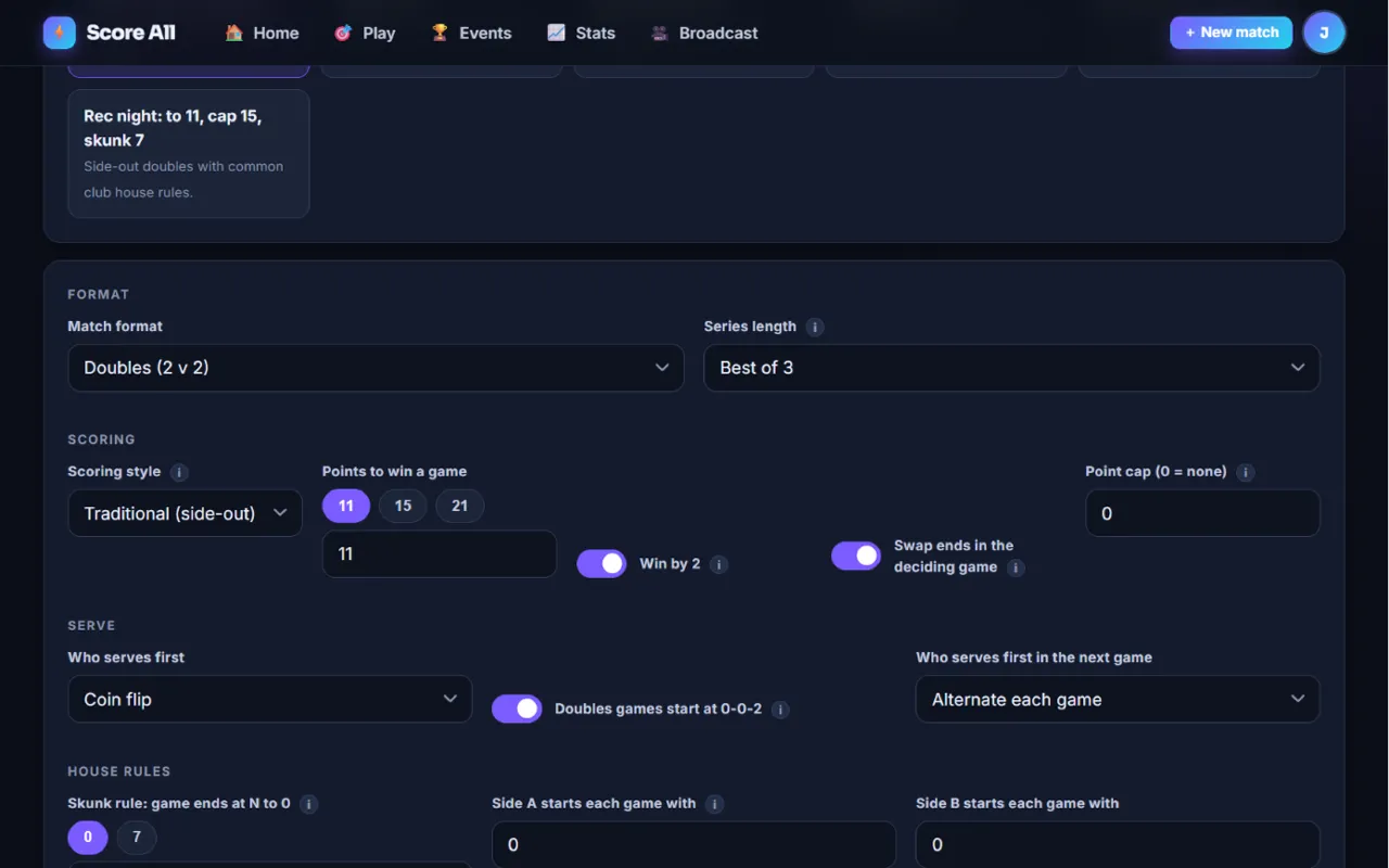 Presets and the rules for a sport, with the House rules group