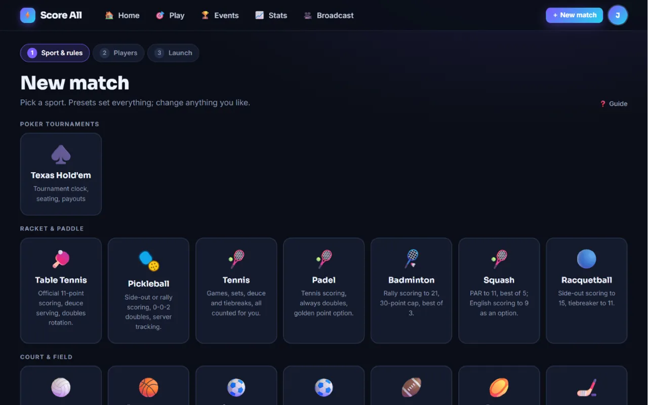 The New match page with sport tiles in groups