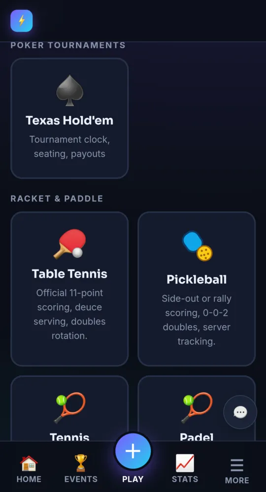The New match page with sport tiles in groups (on a phone)