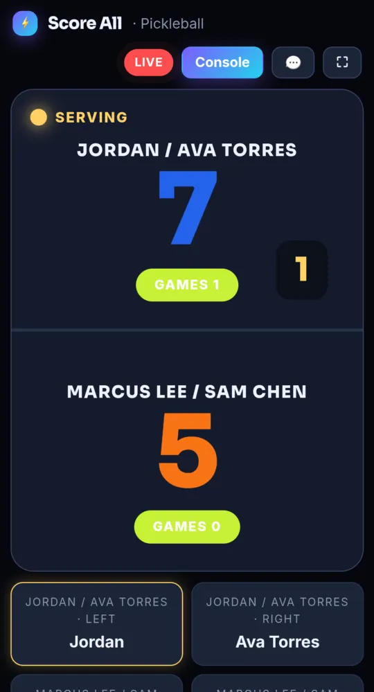 The spectator scoreboard (on a phone)