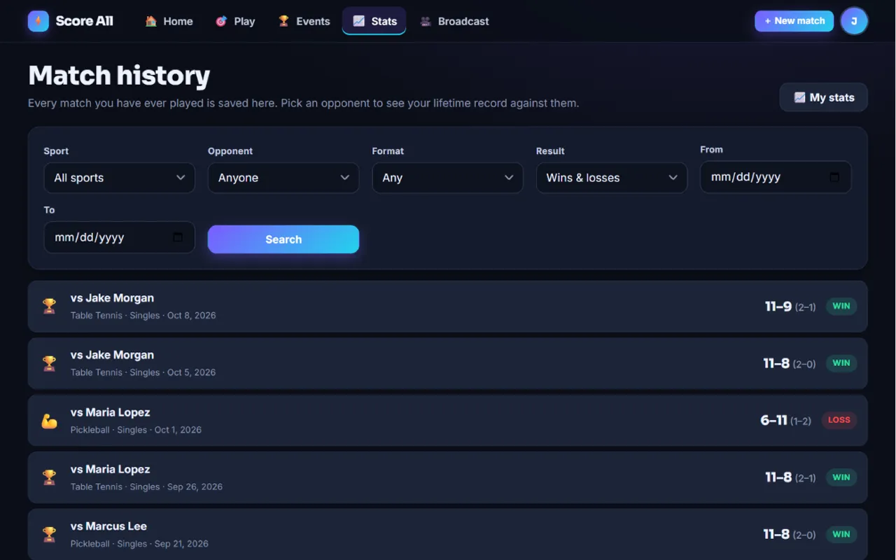 Match history with filters