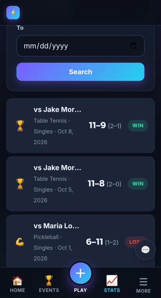 Match history with filters (on a phone)