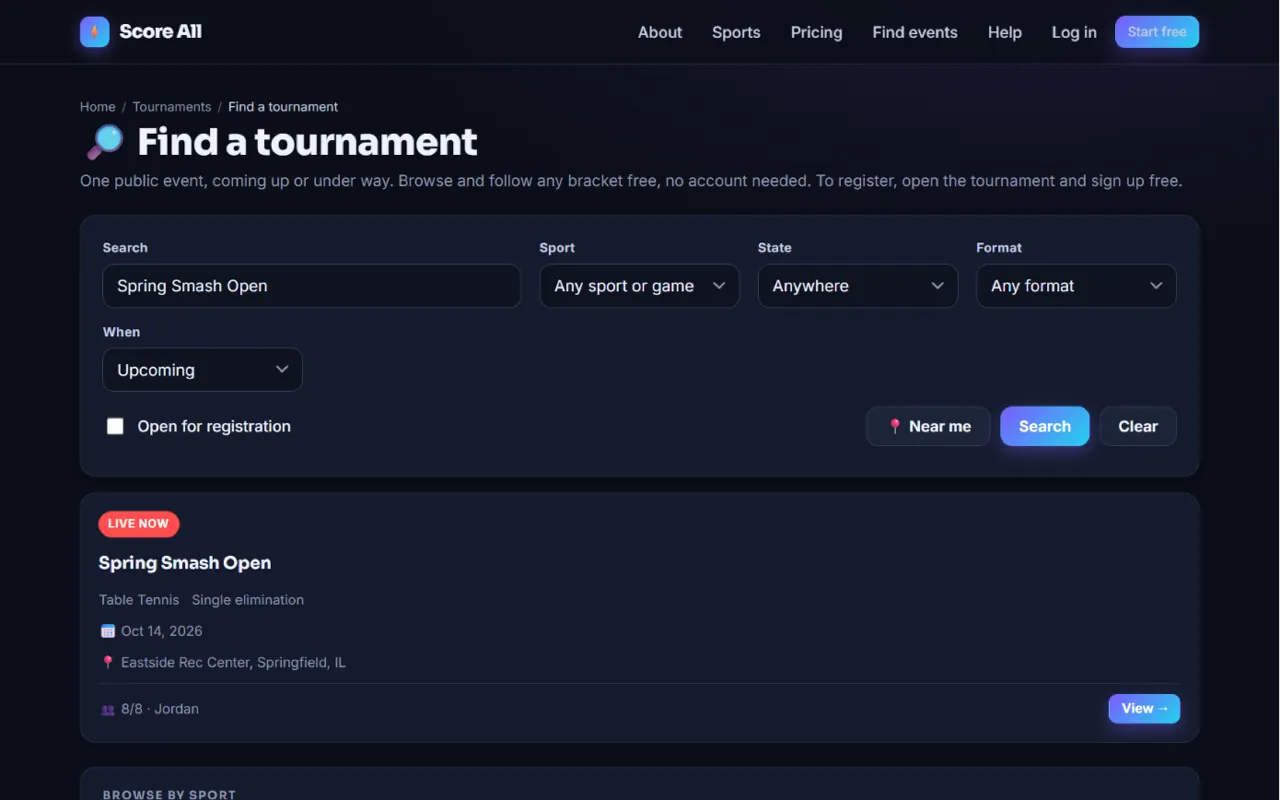 The tournament directory with filters