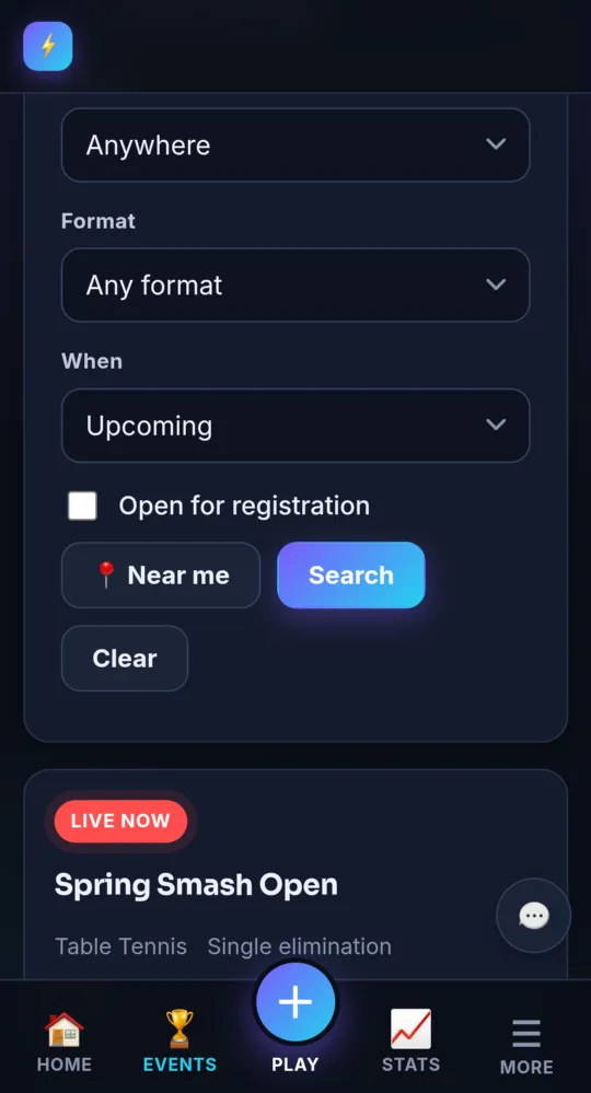 The tournament directory with filters (on a phone)