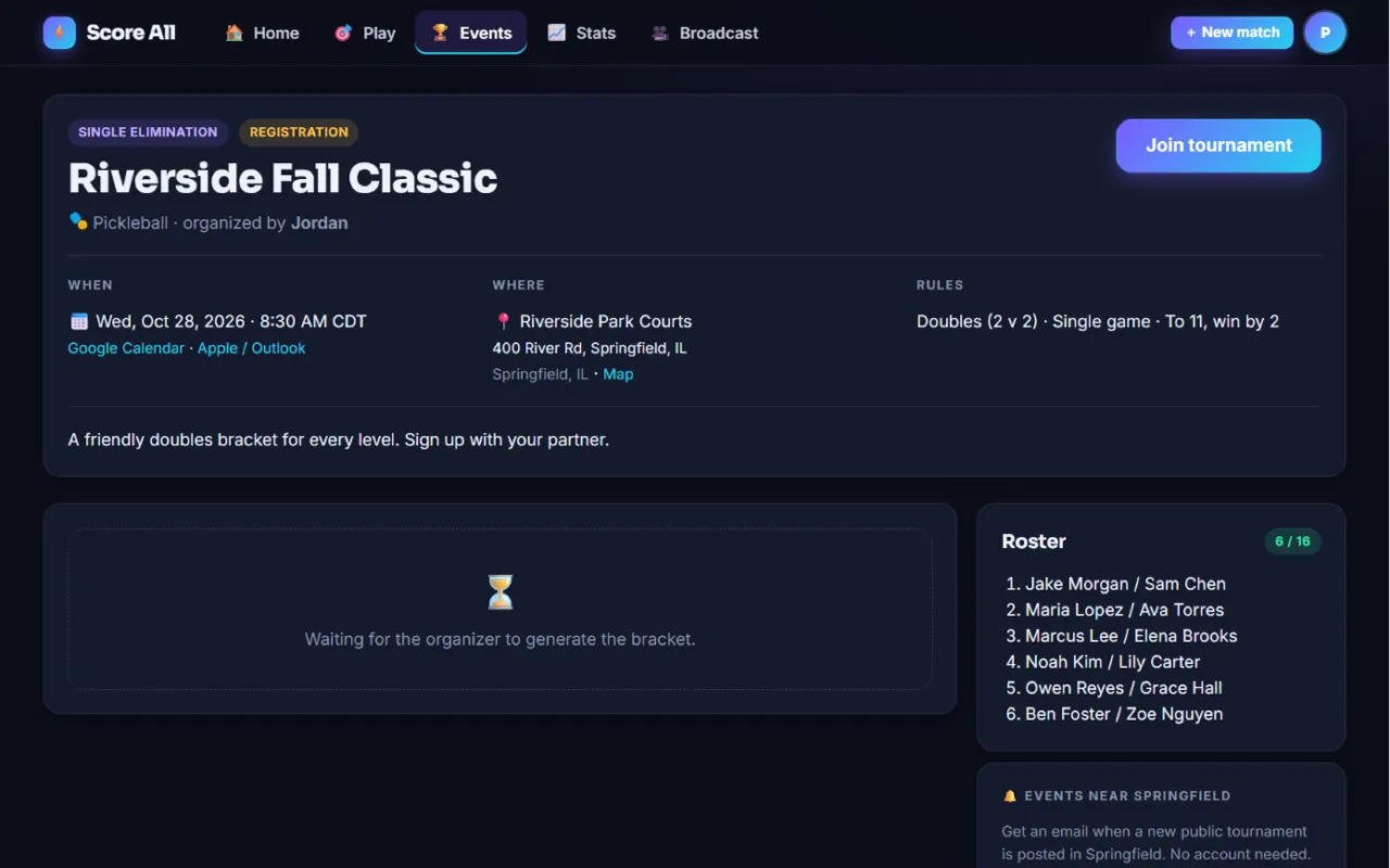 A public event page with the Join tournament button