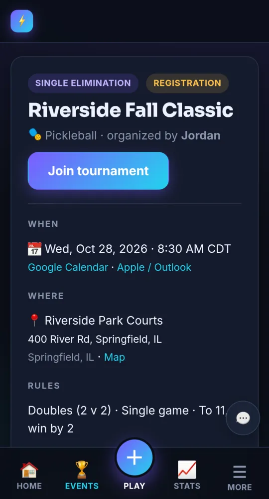A public event page with the Join tournament button (on a phone)