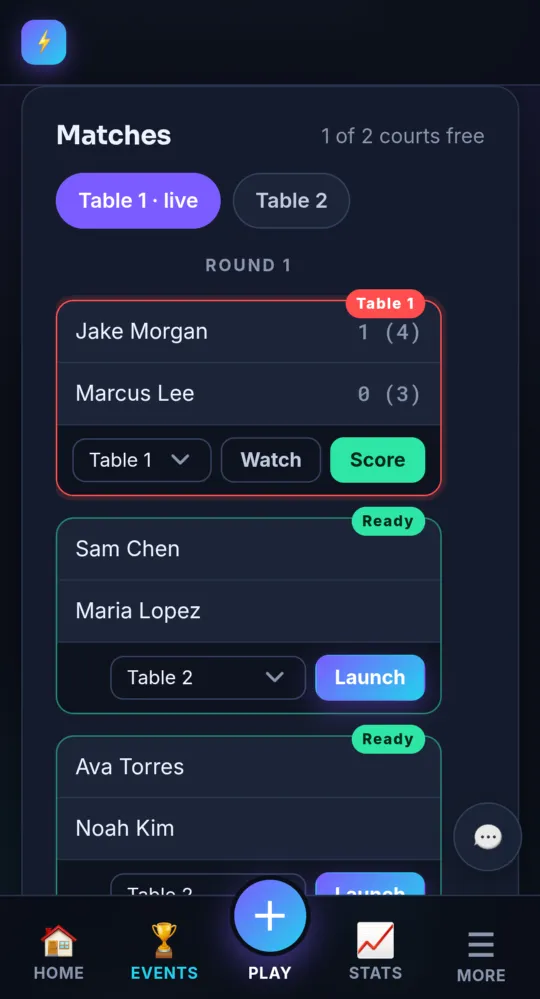 A generated bracket with matches ready to launch (on a phone)