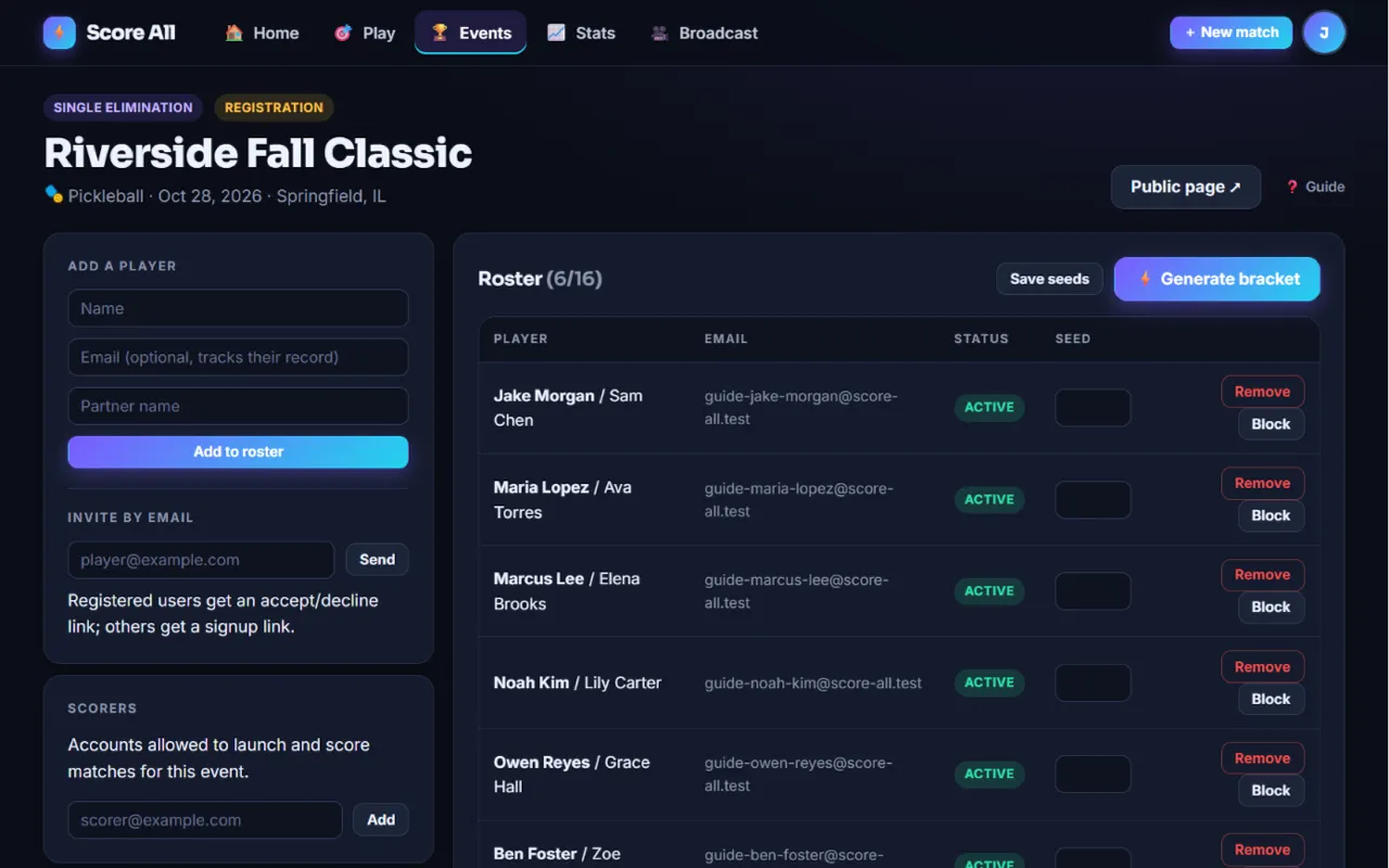 The organizer console with the roster