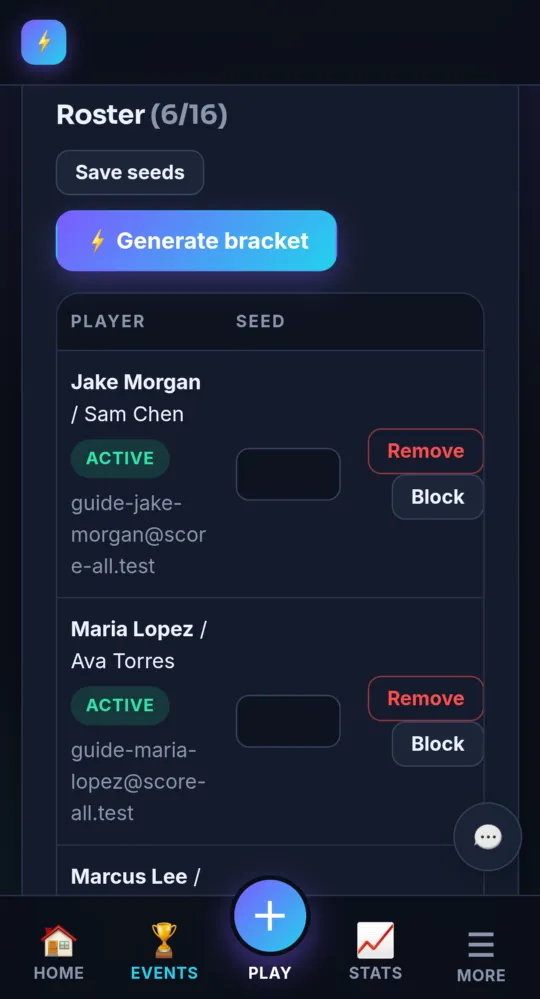The organizer console with the roster (on a phone)