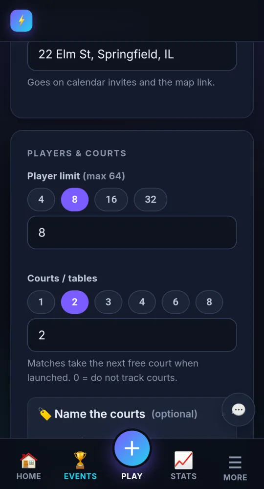 Step 3 of New tournament: event details (on a phone)