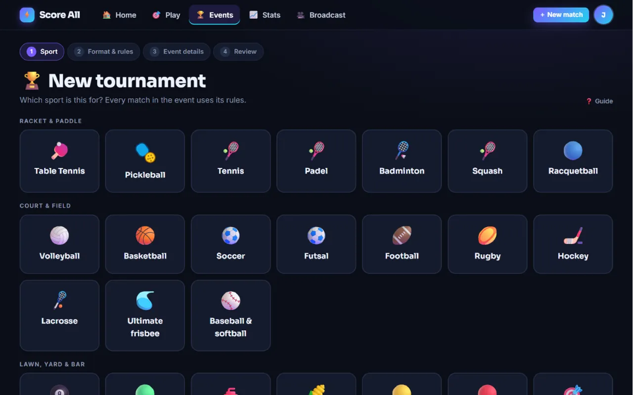 Step 1 of New tournament: pick the sport