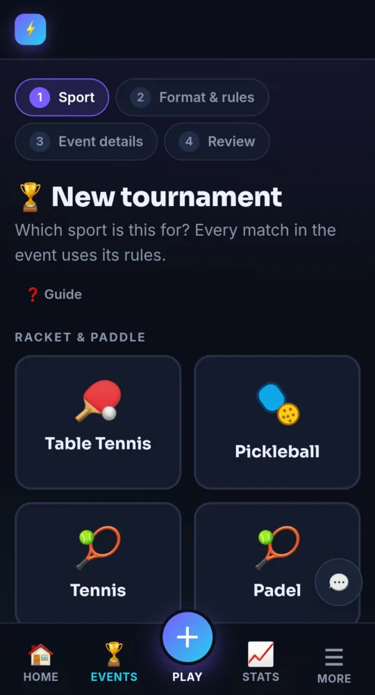 Step 1 of New tournament: pick the sport (on a phone)