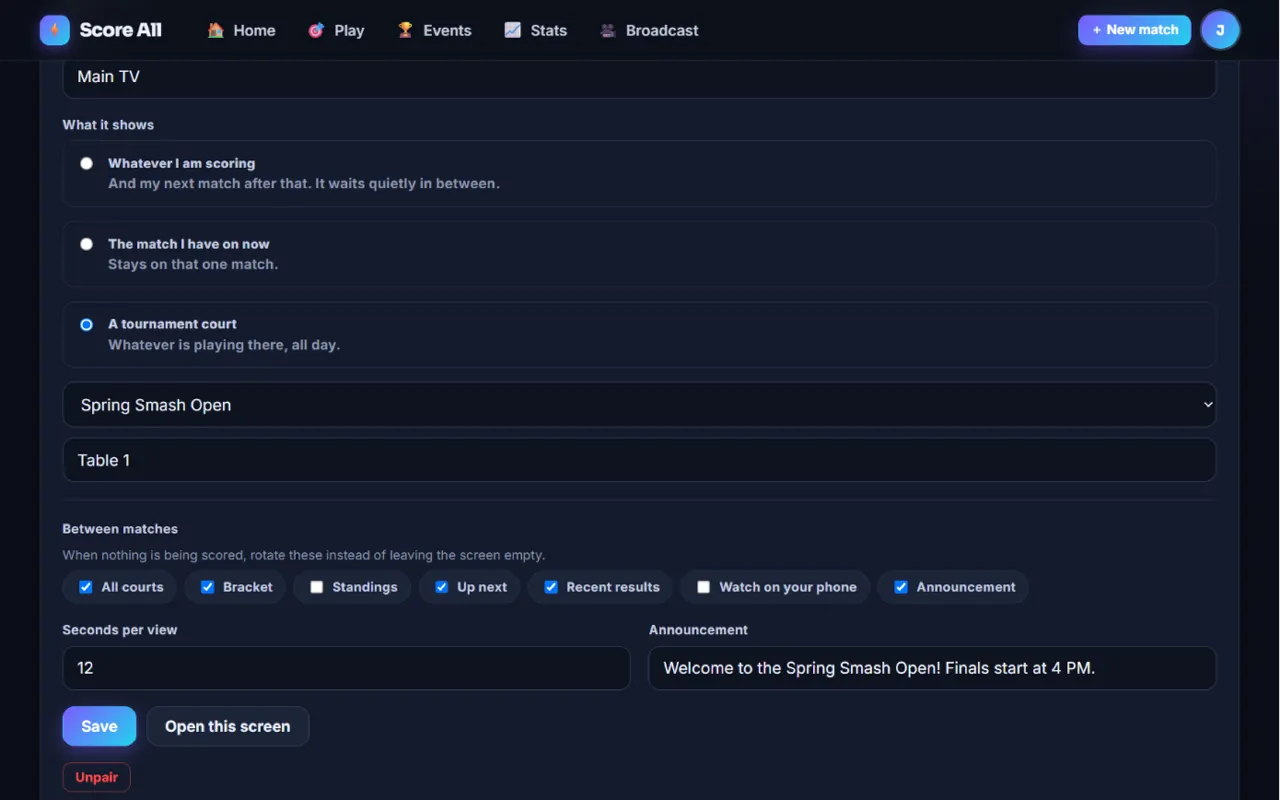 The TV screens page