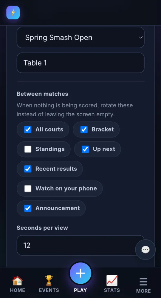 The TV screens page (on a phone)