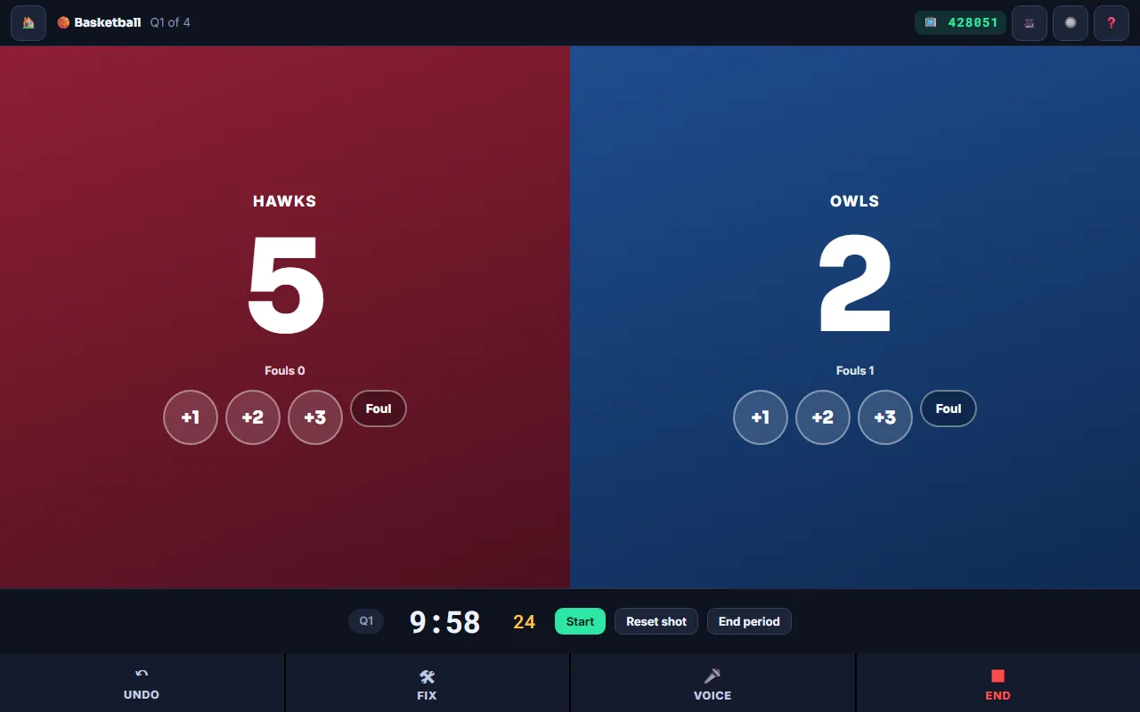 Basketball console with game clock, shot clock, fouls and bonus