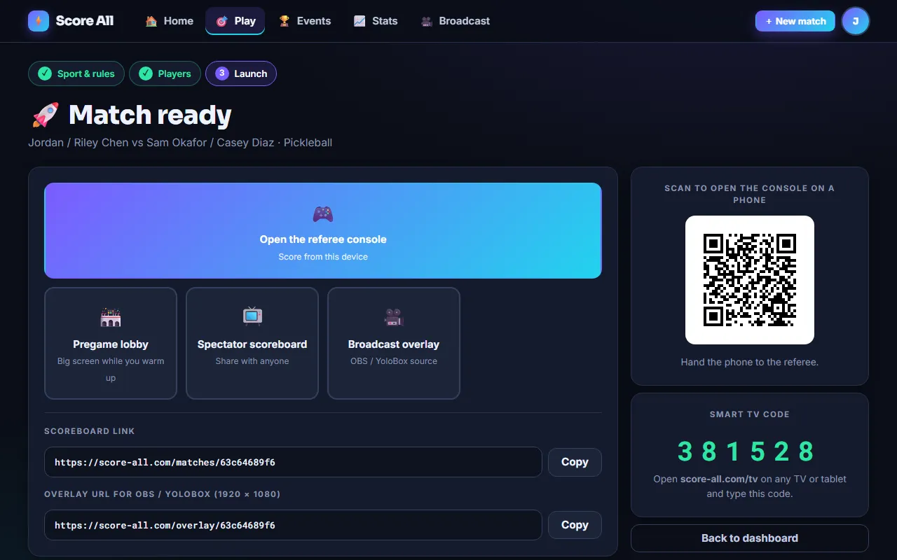 Launch screen with the share link, QR code and TV code