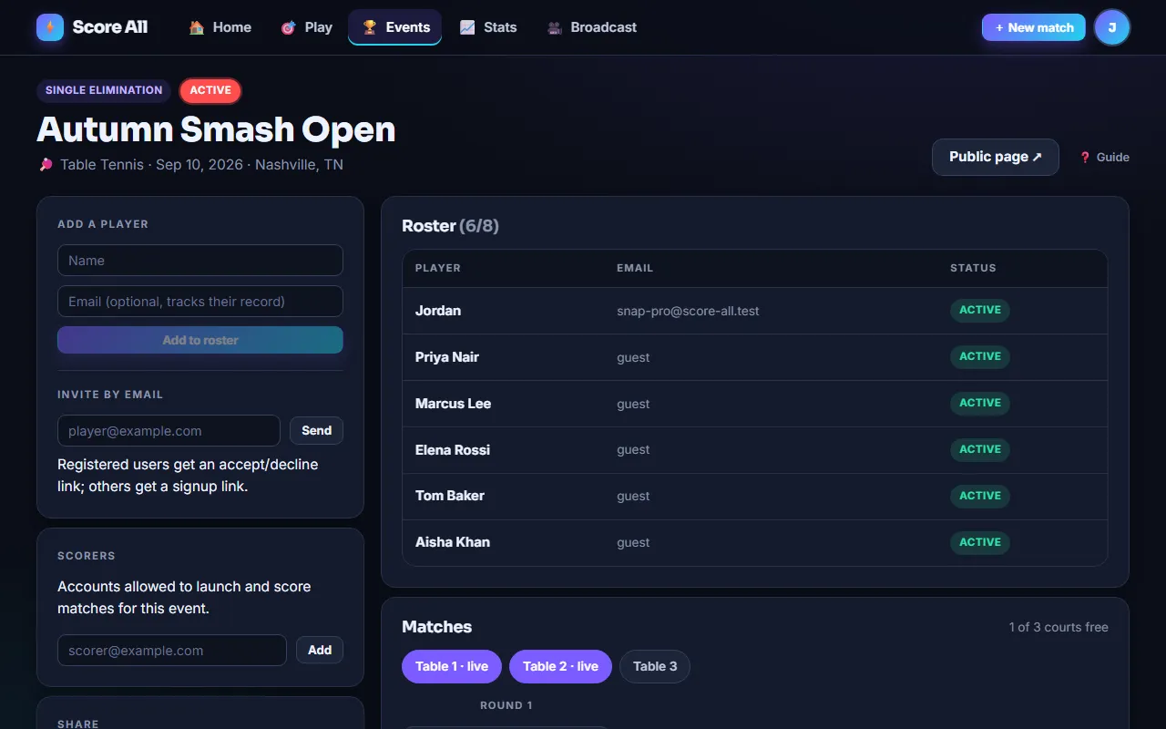 Tournament console with a live bracket and court assignments