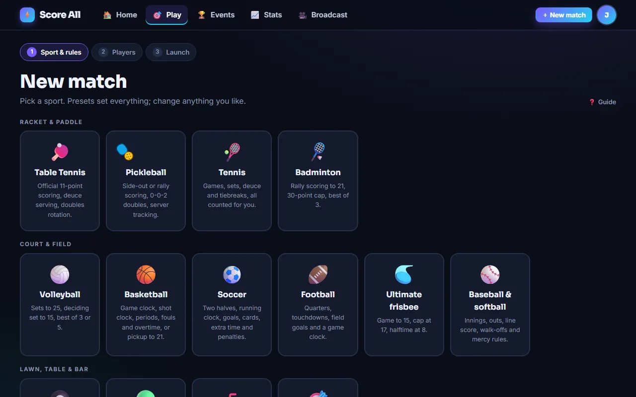 The new-match wizard: sport, preset, every rule and house rule